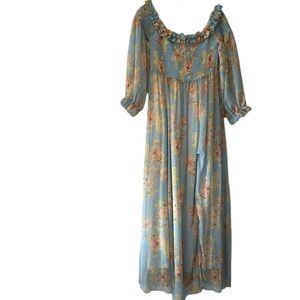 Aakaa Blue And Pink Floral Ruffle Off The Shoulder Long Sleeved Dress